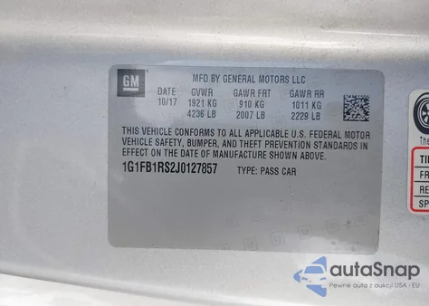 2018 Chevrolet Camaro 1Lt из США, поврежденный, VIN 1G1FB1RS2J0127857